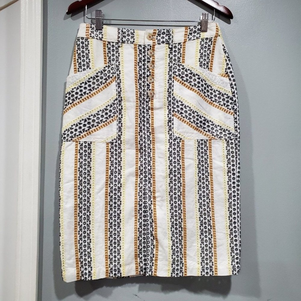 Anthropologie Quincy Embroidered Eyelet Pencil Skirt White Yellow Gray Brown 6